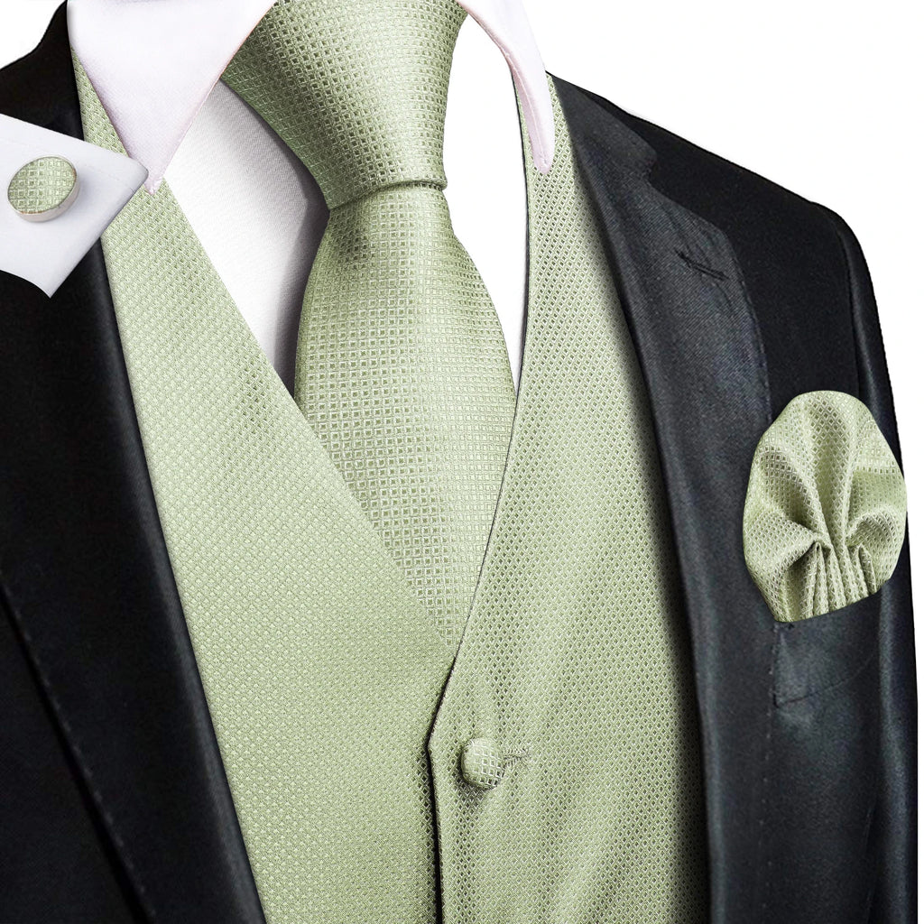 Gilets de costume en soie Hi-Tie pour homme, 4 pièces, tissés, vert sauge uni, gilet, cravate, pochette, boutons de manchette, pour affaires, mariage, robe, veste de taille