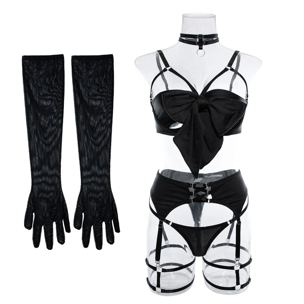 Ensemble de lingerie sexy - Soutien-gorge à nœud, Ensemble de soutien-gorge noir tentation, Ensemble quatre pièces sous-vêtements femme avec ceinture et découpes, Nuisette érotique