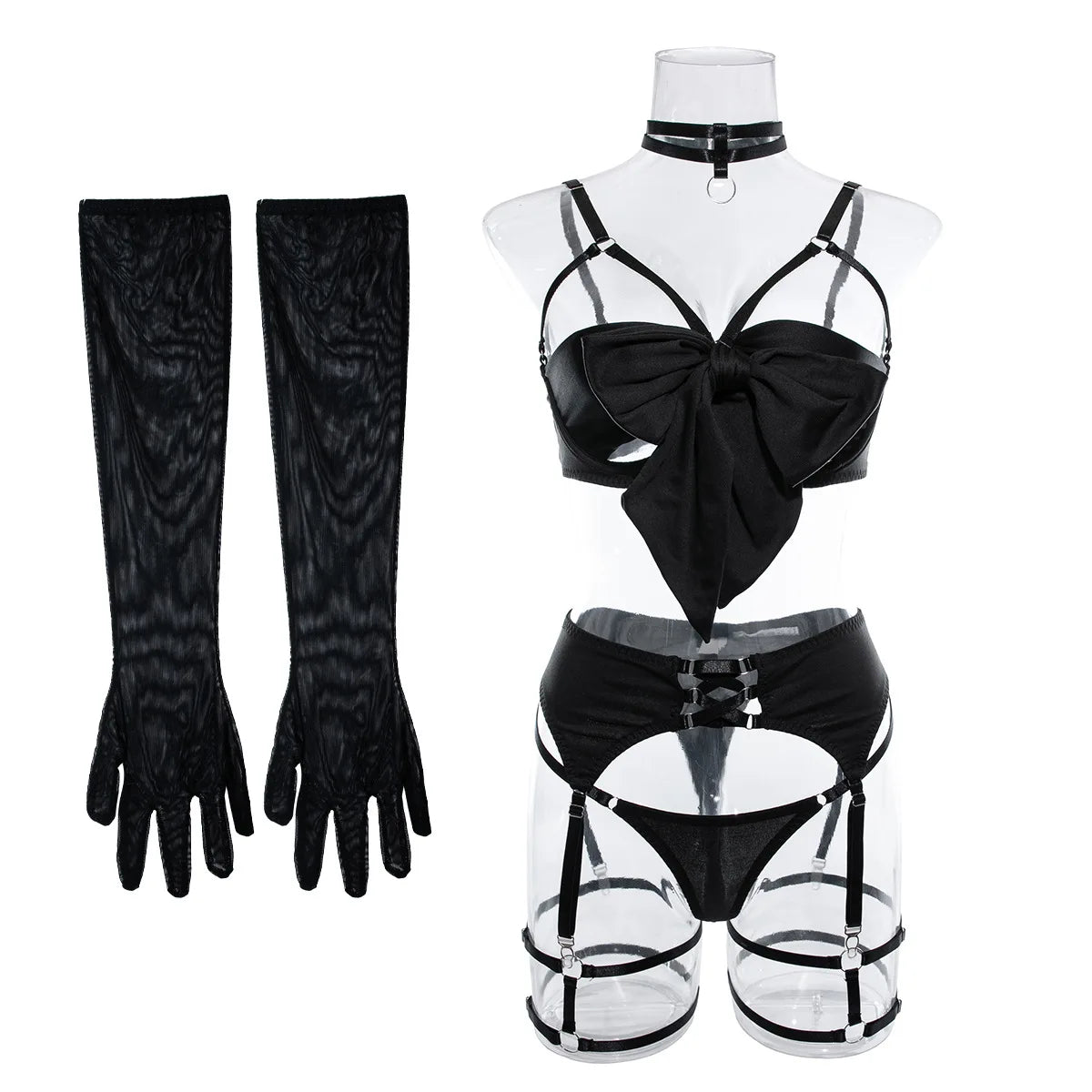 Ensemble de lingerie sexy - Soutien-gorge à nœud, Ensemble de soutien-gorge noir tentation, Ensemble quatre pièces sous-vêtements femme avec ceinture et découpes, Nuisette érotique