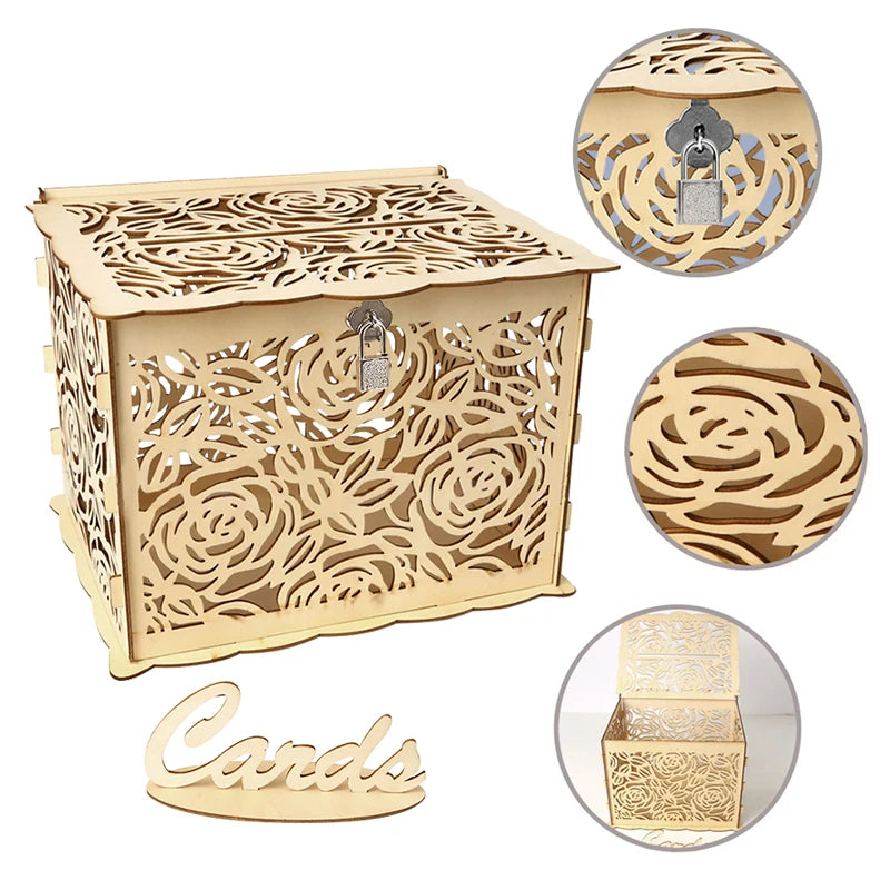 Urne de mariage en bois, grande boîte à monnaie avec serrure, boîte à cartes d'invitation de mariage pour fournitures de décoration d'anniversaire de mariage