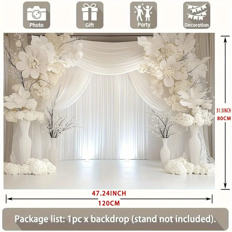 Elegant White Floral Wedding Backdrop Banner with Curtains