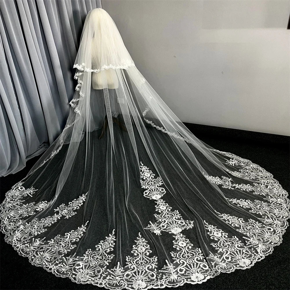 Voile de mariée 3m deux couches avec peigne, bord en dentelle blanche, voile de mariée cathédrale ivoire orné d'appliqués, avec photo réelle du visage