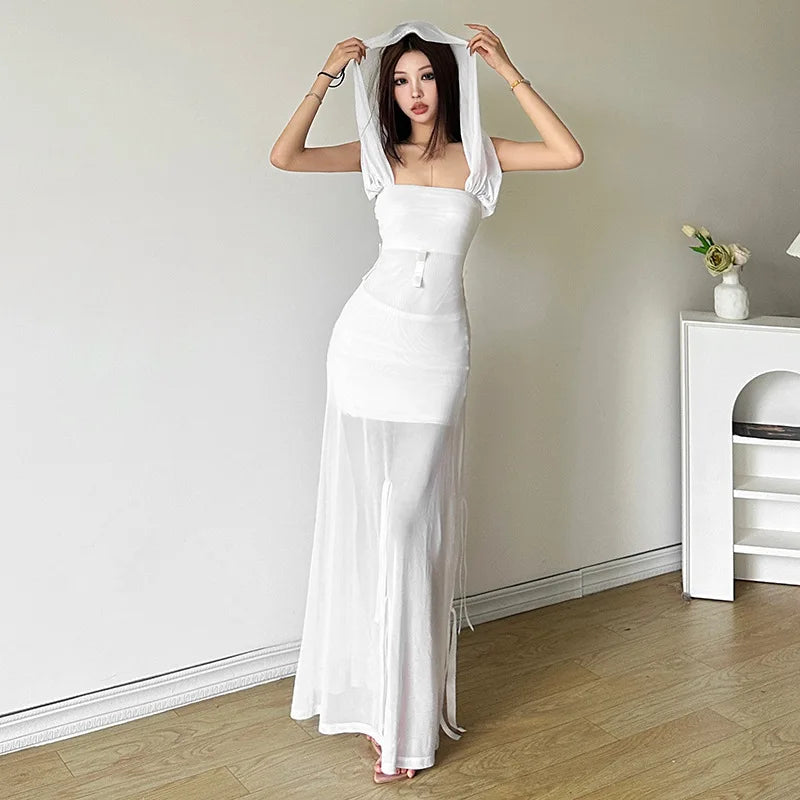 Goth Dark Fairycore Diverse Dressing Styles Partywear Sexy Strapless Hooded Long Dress Gothic Cute Bow Mesh Slim Bodycon Dresses