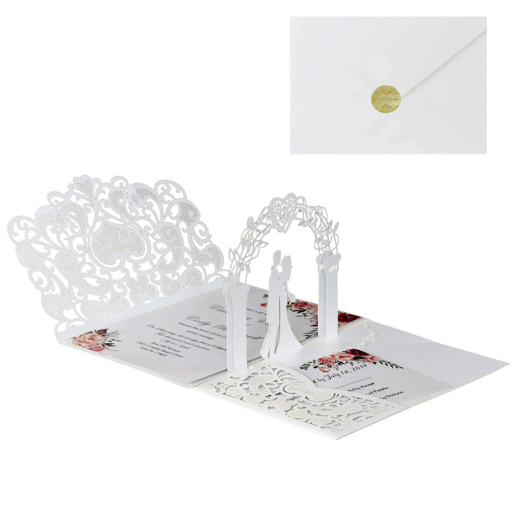 6 Pièces/Lot 3D Pop Up Mariés Ivoire Carte d'invitation de mariage Laser Poche Florale Douche nuptiale Invitations de fiançailles