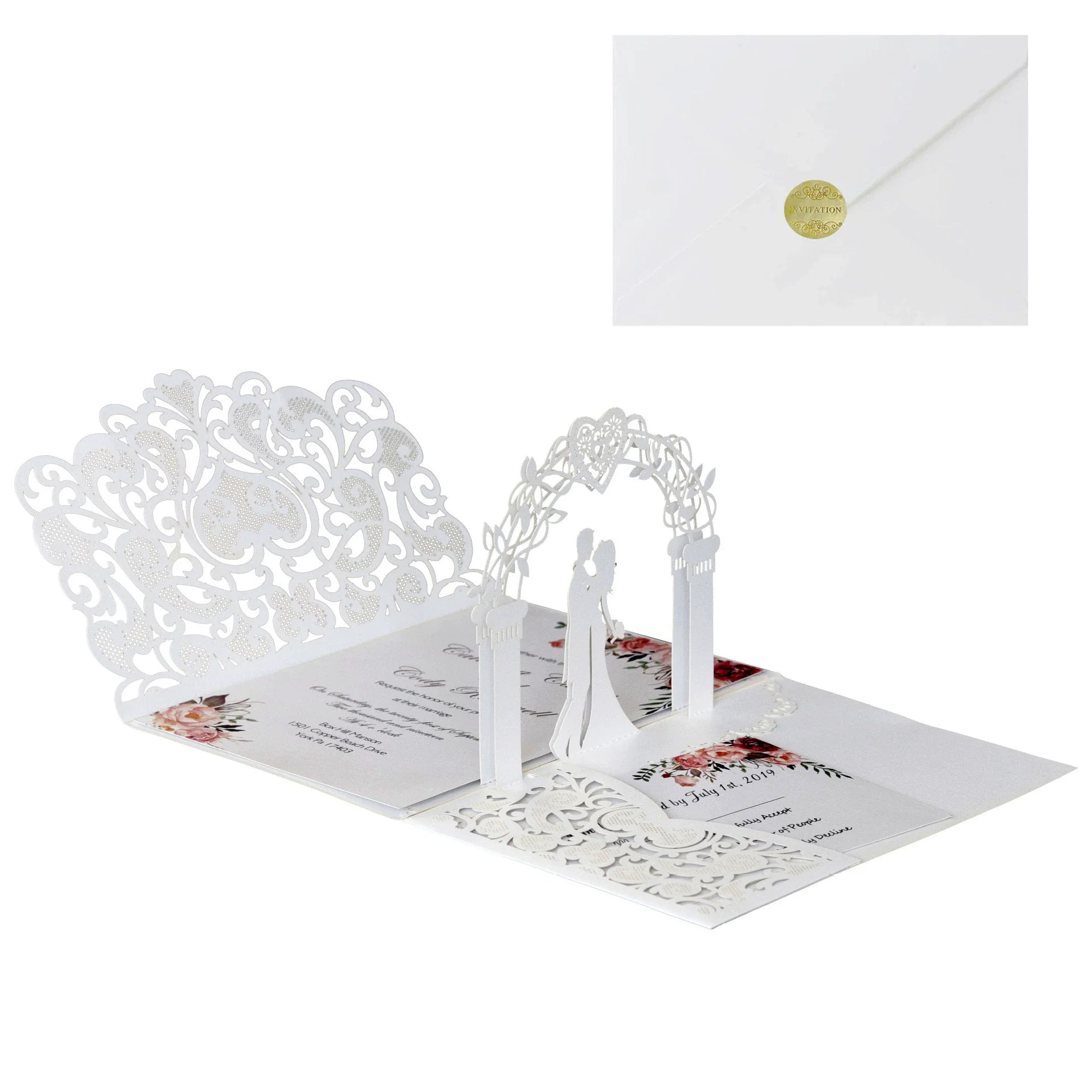 6 Pièces/Lot 3D Pop Up Mariés Ivoire Carte d'invitation de mariage Laser Poche Florale Douche nuptiale Invitations de fiançailles