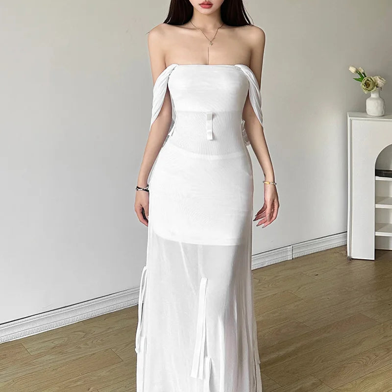 Goth Dark Fairycore Diverse Dressing Styles Partywear Sexy Strapless Hooded Long Dress Gothic Cute Bow Mesh Slim Bodycon Dresses