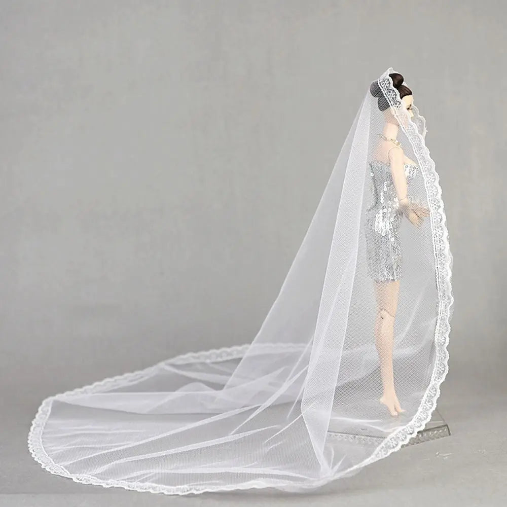 Voile de mode pour chapeau, voile de mariée, coiffe, voile de dentelle, long voile de mariage blanc 1/6 BJD