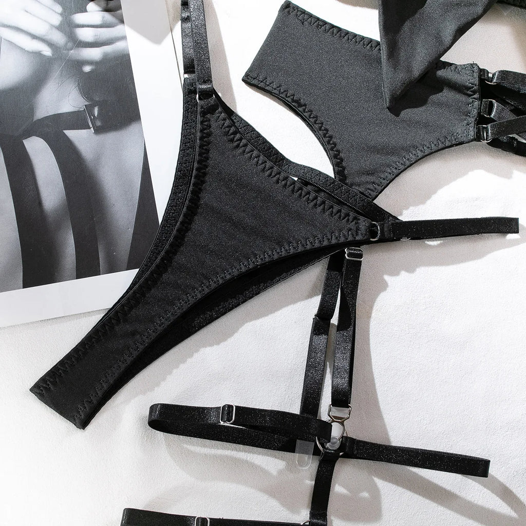 Ensemble de lingerie sexy - Soutien-gorge à nœud, Ensemble de soutien-gorge noir tentation, Ensemble quatre pièces sous-vêtements femme avec ceinture et découpes, Nuisette érotique