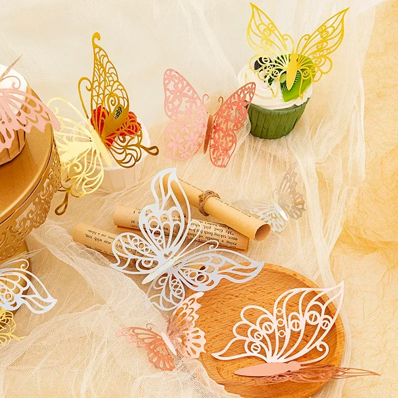 48pcs Gold Silver Hollow Butterfly Wall Stickers 3D Butterflies Bedroom Living Room Home Decoration Applique Wedding Decor