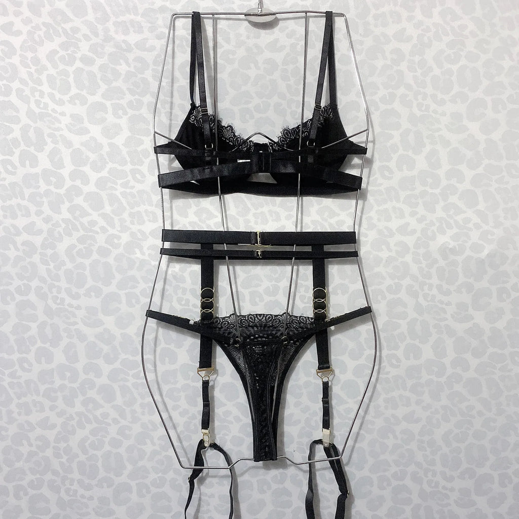 Brskbzda Nouvelle Lingerie Fine Sexy en Dentelle pour Femmes Soutien-Gorge et Culotte 4 Pièces avec Jarretelles Ensemble de Lingerie Érotique de Luxe Sans Couture