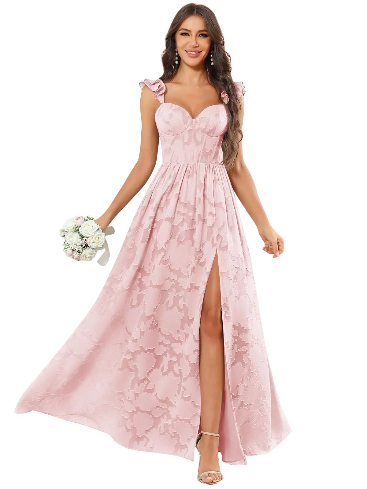 Floral Ruffle Bridesmaid Dress | Sweetheart A-Line Gown with Slit | Wedding Party