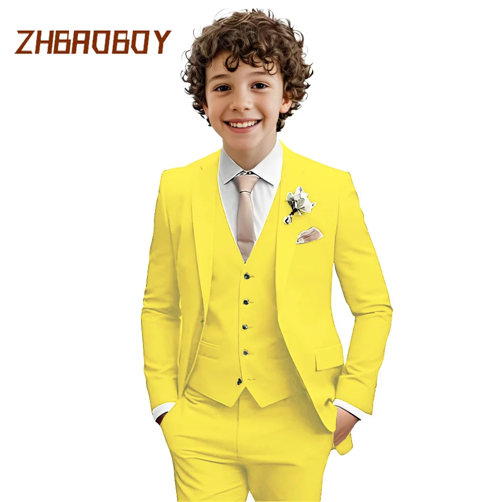 Costume Garçon 3 Pièces Coupe Slim Smoking Enfant Tenue de Mariage Formelle Ensemble Blazer Gilet Pantalon