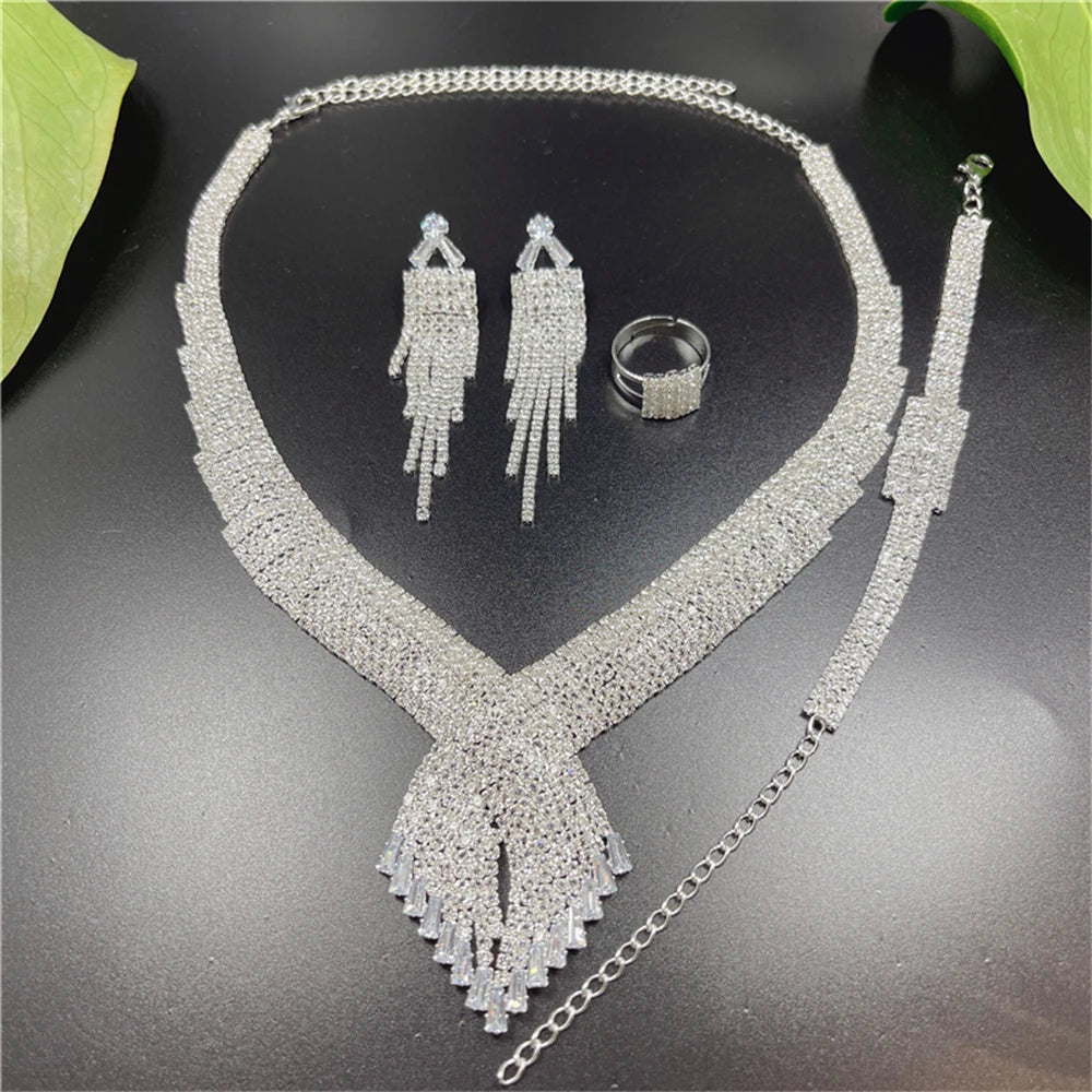 Luxury Tassel Rhinestone 4-Piece Bridal Jewelry Set — Necklace, Earrings, Ring & Bracelet