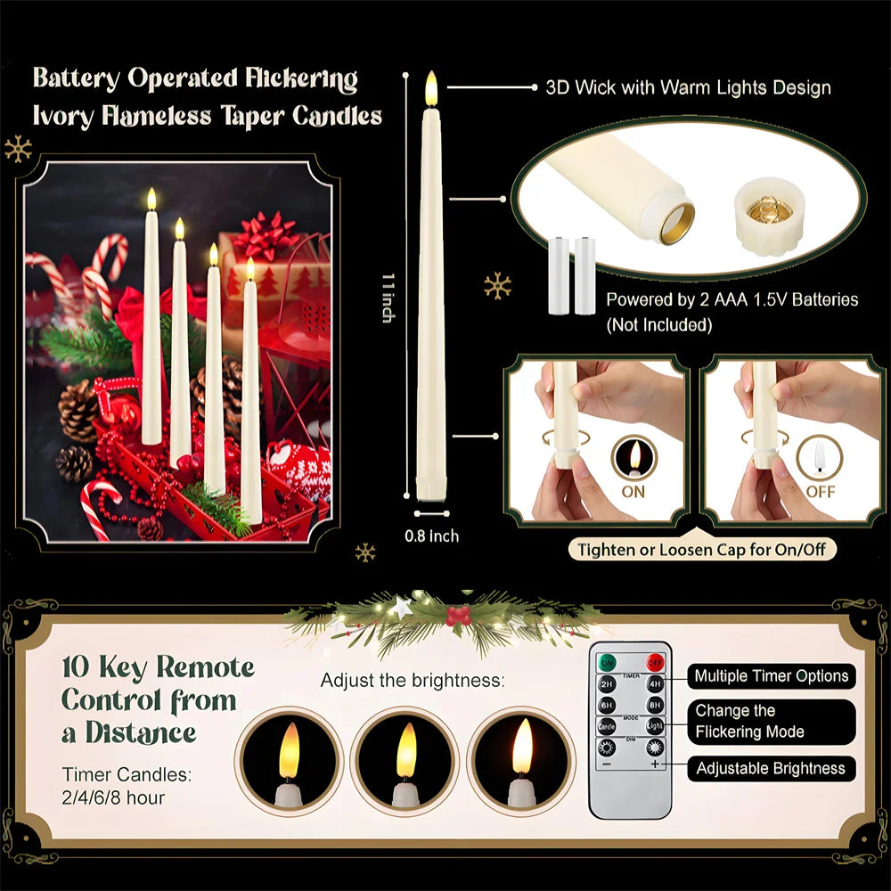 6/12 Bougies Coniques LED Sans Flamme Ivoire Vacillantes avec Télécommande Mèche 3D à Piles Bougie de Fenêtre de Noël Décor de Mariage