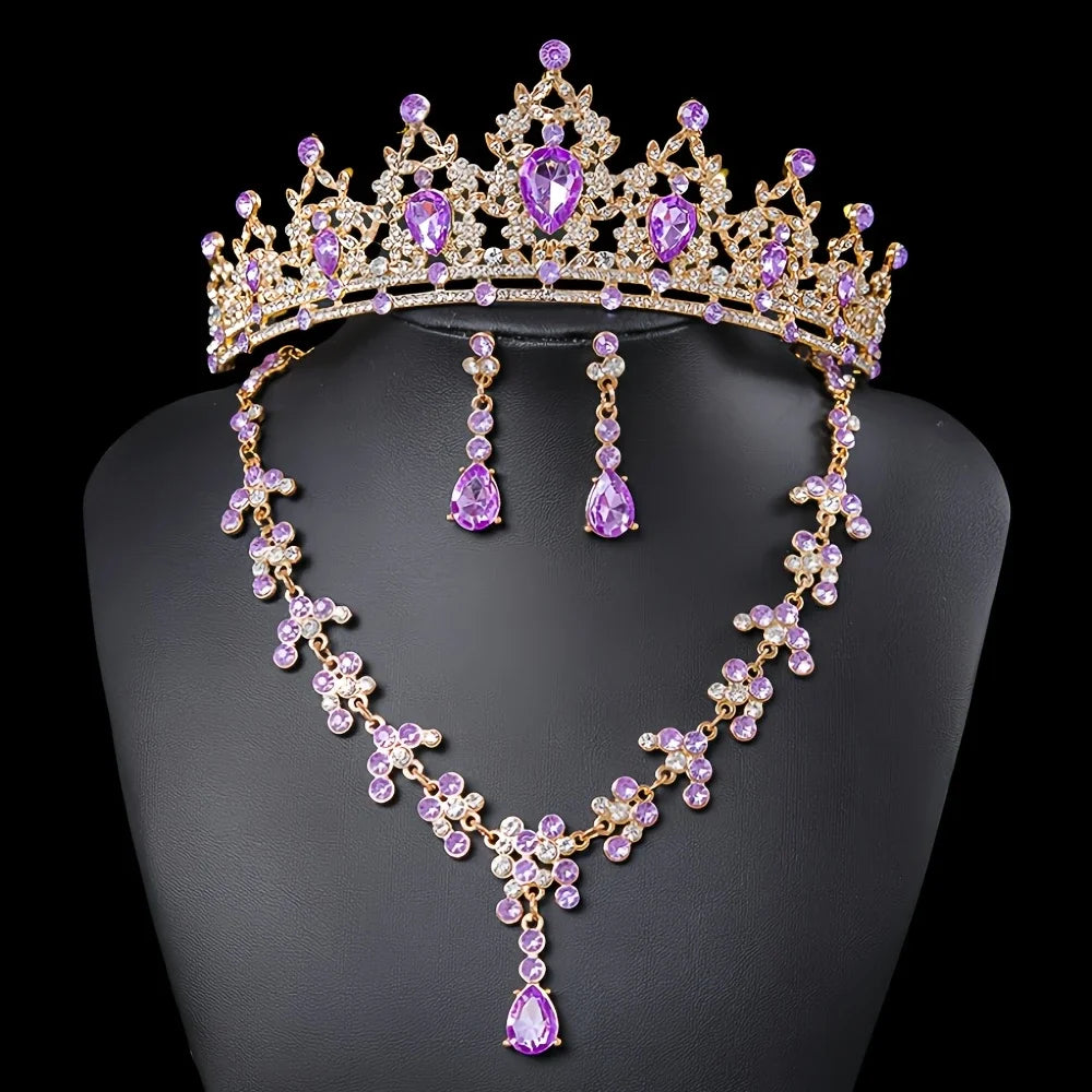 Accessoires de mariée tendance et élégants, parure 3 pièces : Couronne de mariée, collier, boucles d'oreilles, accessoires pour robe de mariée