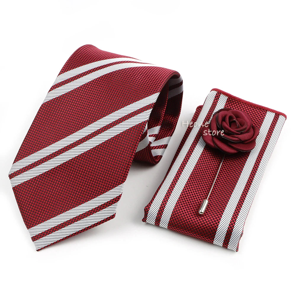 Men's Striped Necktie, Pocket Square & Brooch Set | Groom & Groomsmen Wedding Accessory
