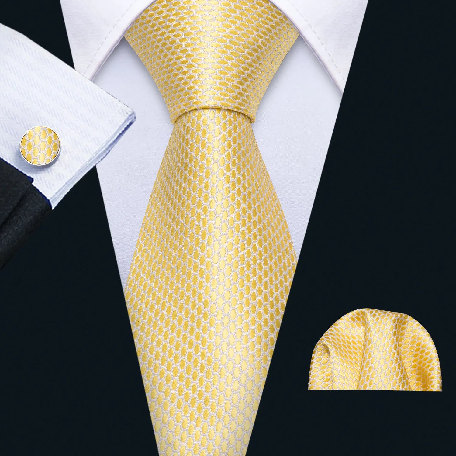 Barry.Wang Jacquard Gold & Yellow Men's Tie With Pocket Square Cufflinks Set Exquisiet Necktie For Male Wedding Business