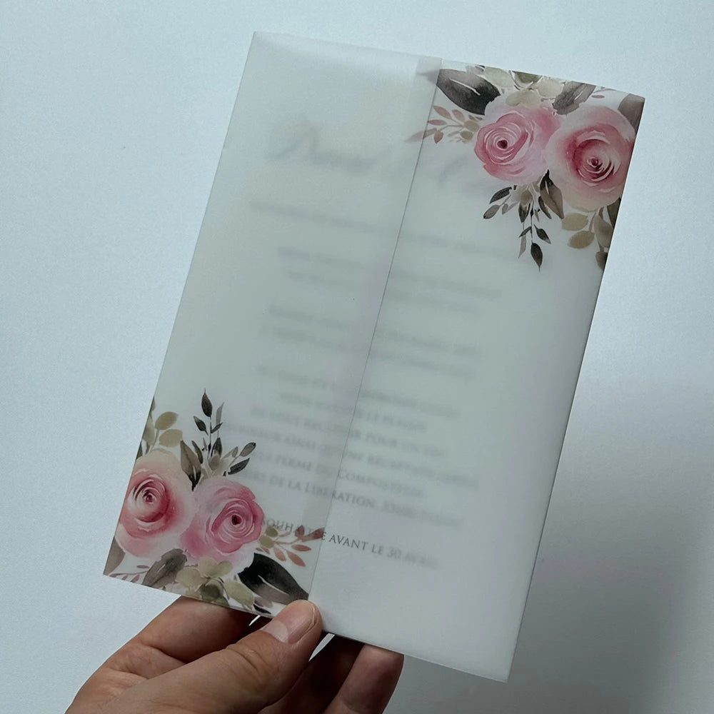20pcs Watercolor flower Vellum  Wrap suitable for a 5 x 7 Wedding Invitation,vellum jacket,custom invitation