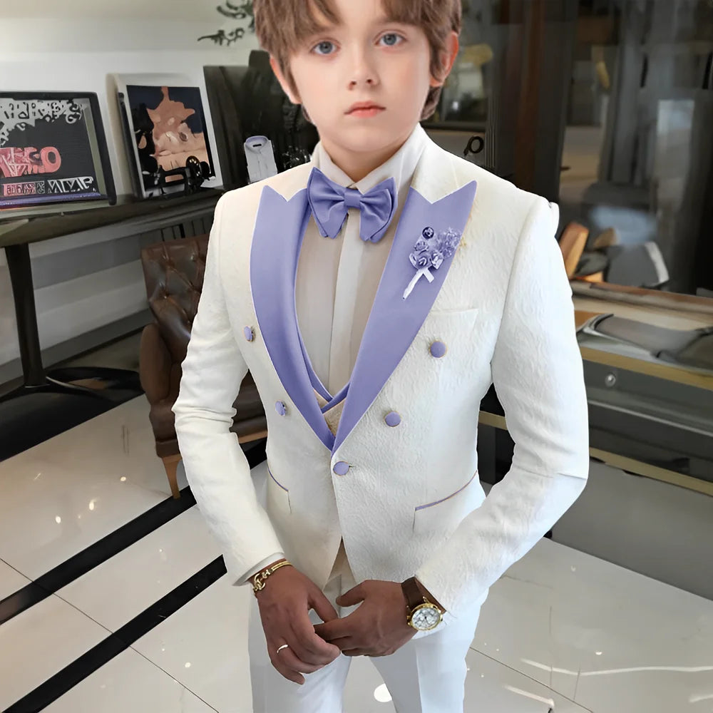Costume jacquard blanc pour garçons, costume trois pièces pour mariage, smoking enfant 2025, nouveau design, veste, pantalon, gilet, robe sur mesure
