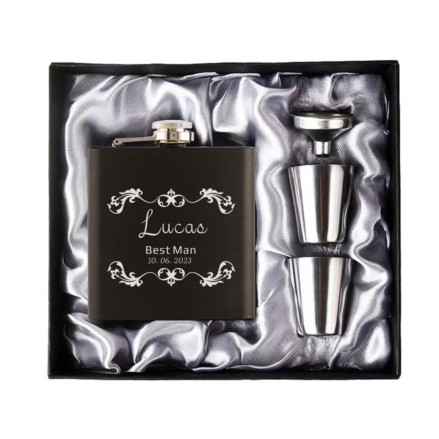 Personalized 6oz Hip Flask Set | Custom Name & Logo | Groom, Best Man & Groomsmen Gift