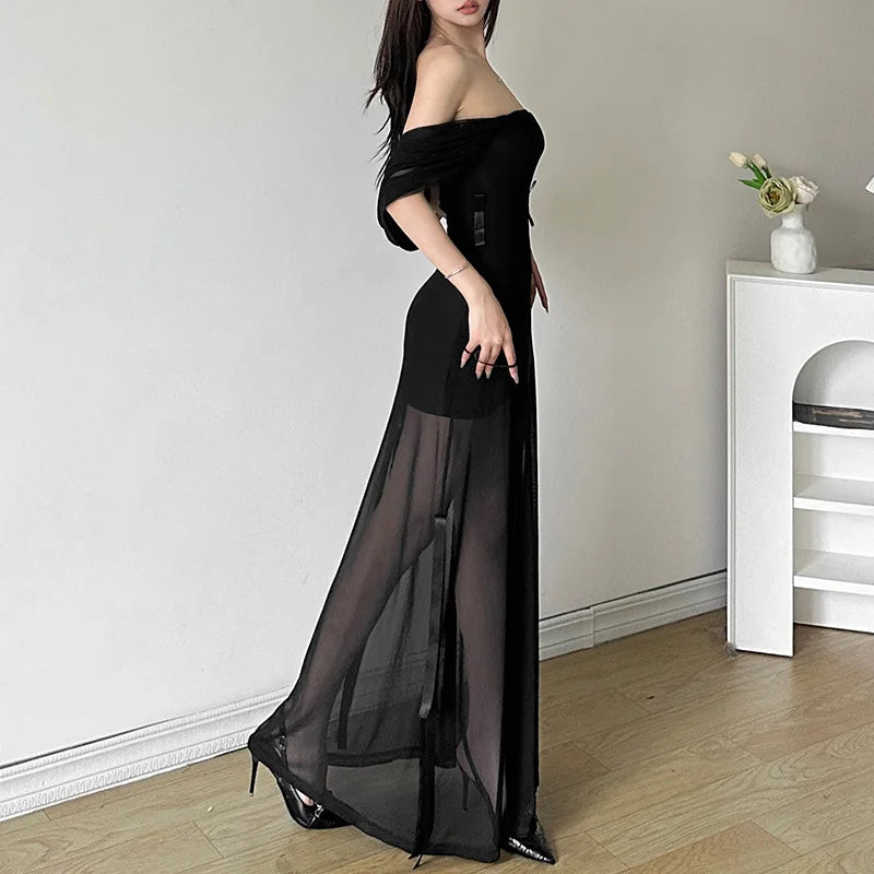 Goth Dark Fairycore Diverse Dressing Styles Partywear Sexy Strapless Hooded Long Dress Gothic Cute Bow Mesh Slim Bodycon Dresses