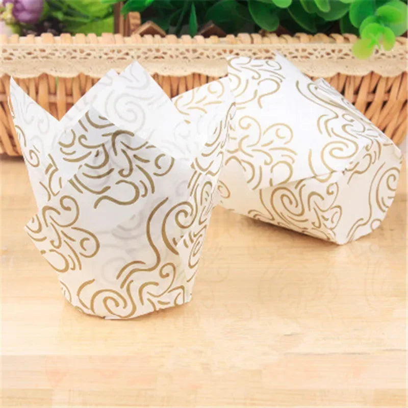50x caissettes à cupcake de style journal, pour pâtisserie, mariage, caissettes tulipe, moule à muffins, papier sulfurisé, emballage de gâteau résistant à l'huile