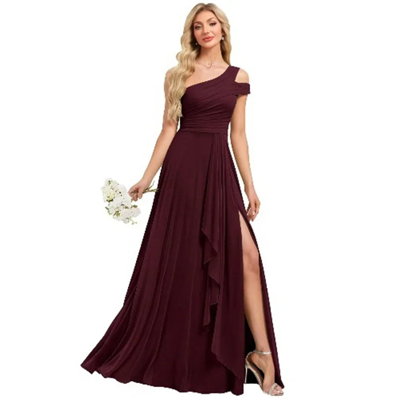 Robe de Demoiselle d'honneur en Mousseline Coupe Droite, Épaule Dénudée, Fendue, Plissée, Élégante pour Mariage, Soirée ou Bal, Dos Lacé