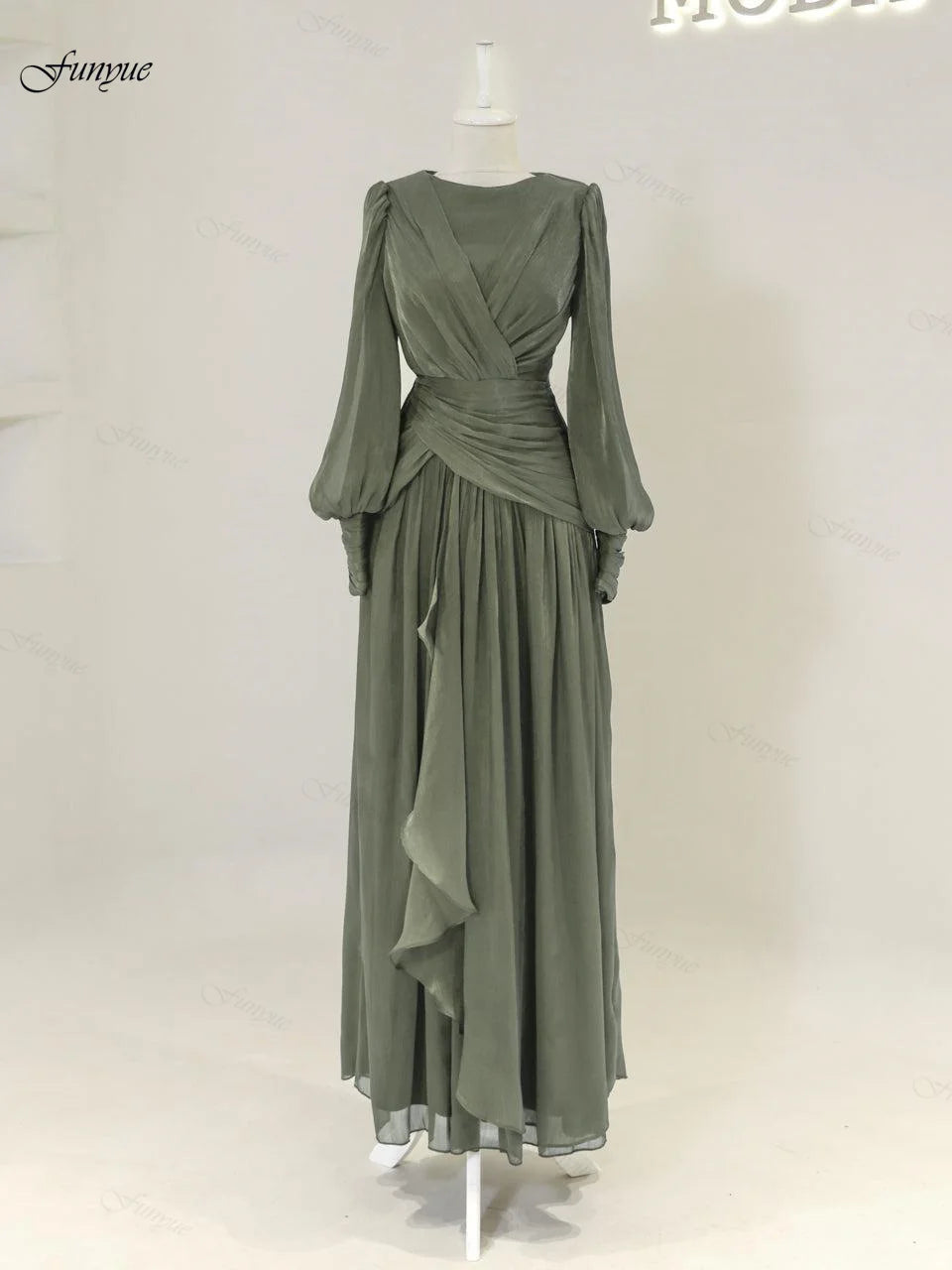 Robes de soirée musulmanes personnalisées élégantes pour femmes, en mousseline avec volants, manches longues, pour invités de mariage, robe de soirée formelle