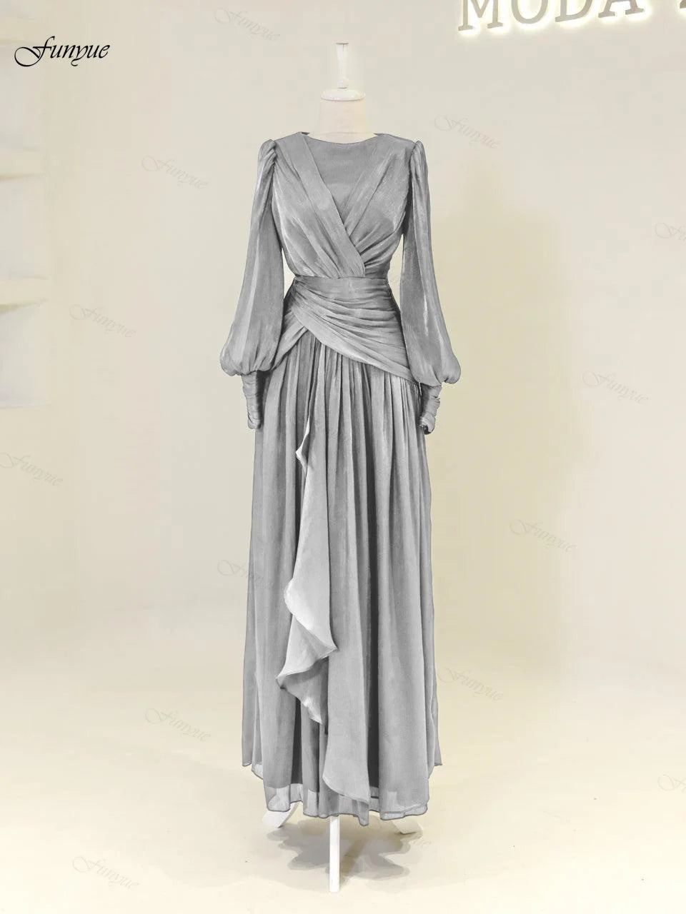 Robes de soirée musulmanes personnalisées élégantes pour femmes, en mousseline avec volants, manches longues, pour invités de mariage, robe de soirée formelle