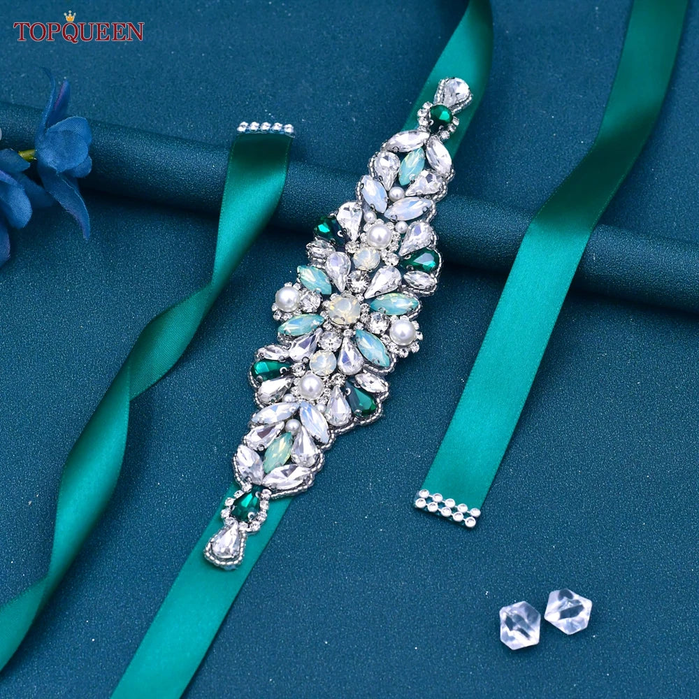 TOPQUEEN Multiple Styles Green Belt With Diamonds Bridal Wedding Accessories Rhinestone Women'S Dresses Evening Girdles S30