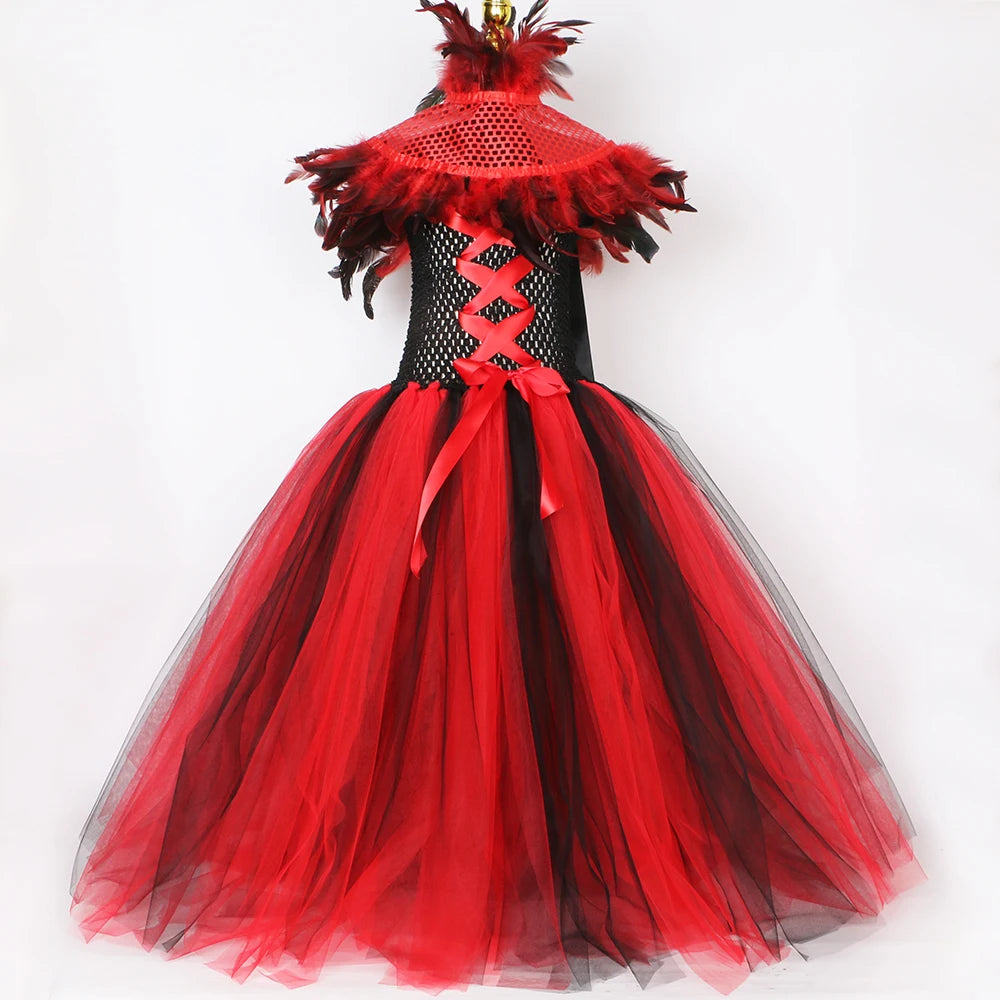 Robe Tutu en Tulle Reine Maléfique Sorcière Vampire Démon Gothique pour Filles, Robe Longue de Fête de Carnaval d'Halloween pour Enfants, Tenues de Déguisement