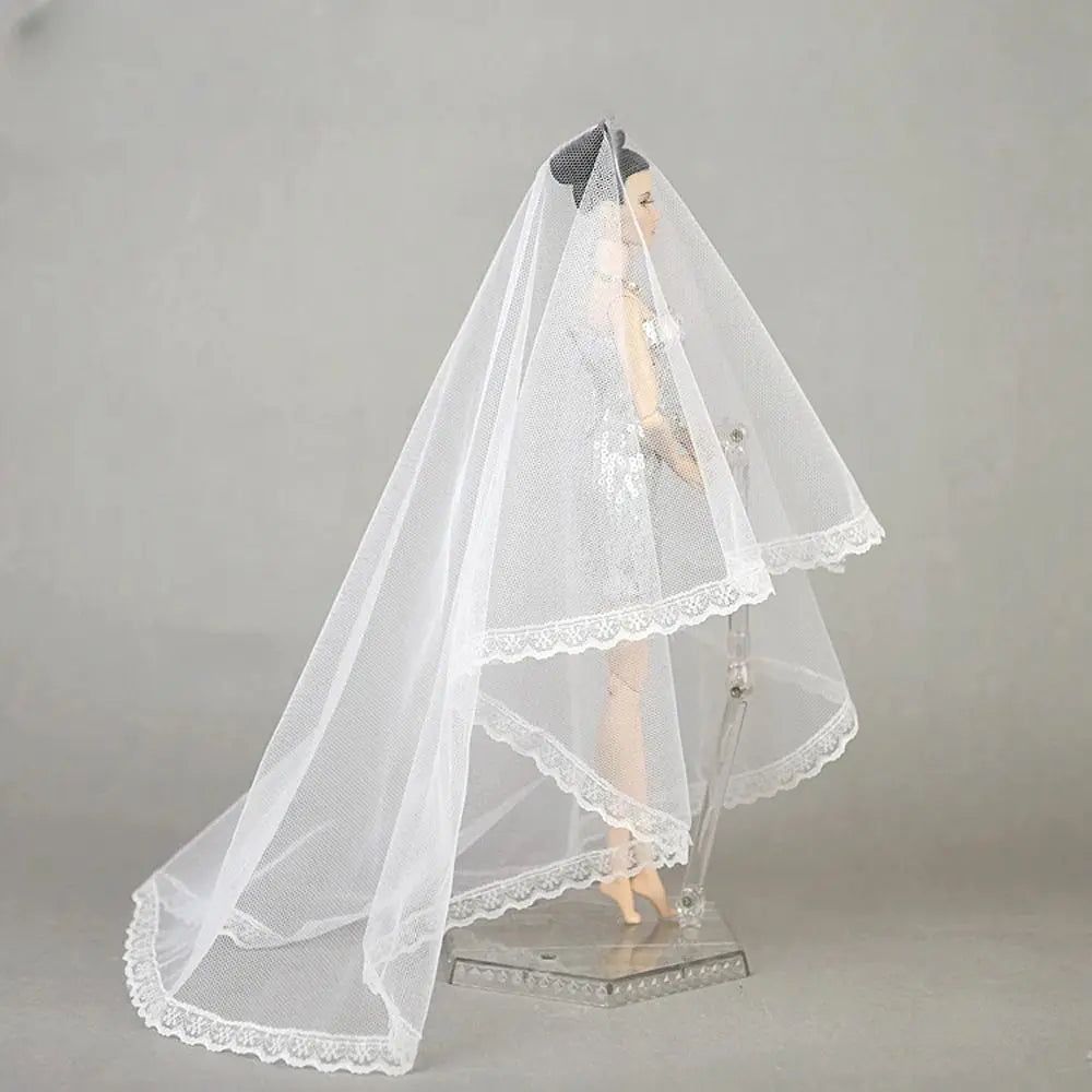 Voile de mode pour chapeau, voile de mariée, coiffe, voile de dentelle, long voile de mariage blanc 1/6 BJD
