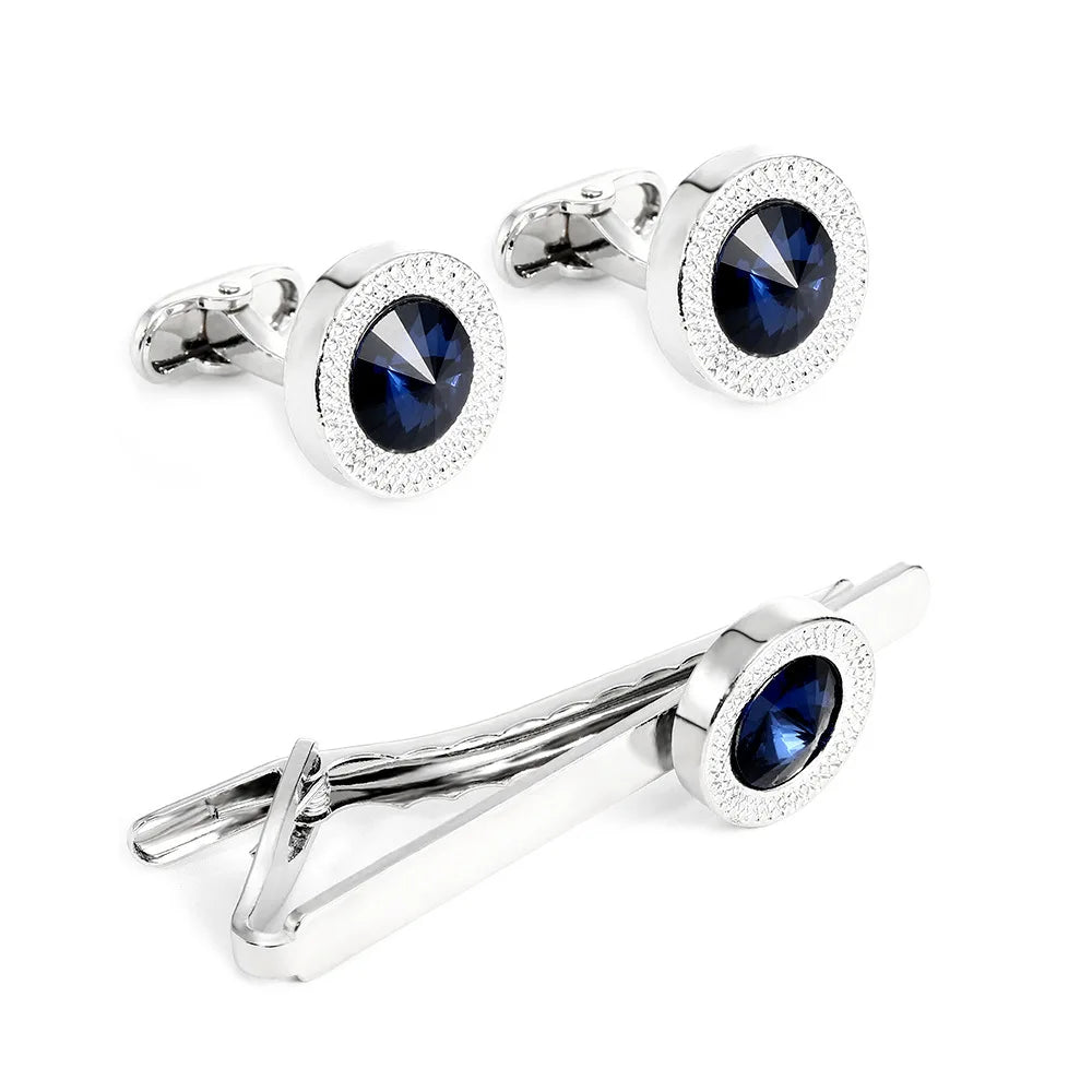 Fashionable Men's French Shirt Accessories Round Blue Crystal Cufflinks Diamond Embedded Sleeve Studs Tie Clip Wedding Gift