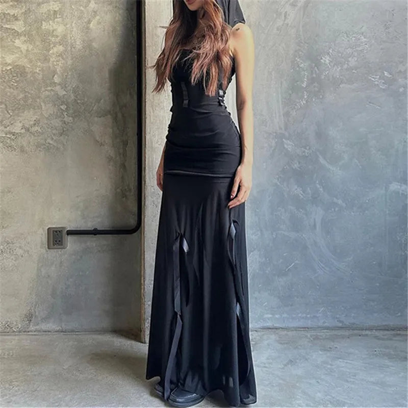Goth Dark Fairycore Diverse Dressing Styles Partywear Sexy Strapless Hooded Long Dress Gothic Cute Bow Mesh Slim Bodycon Dresses