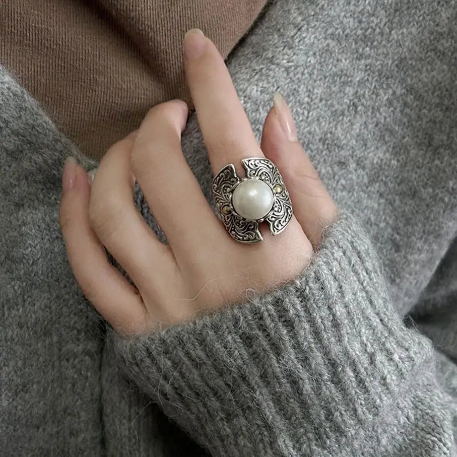 Bague Ajustable Perle Creuse Sculptée — Bijoux de Mariée Vintage