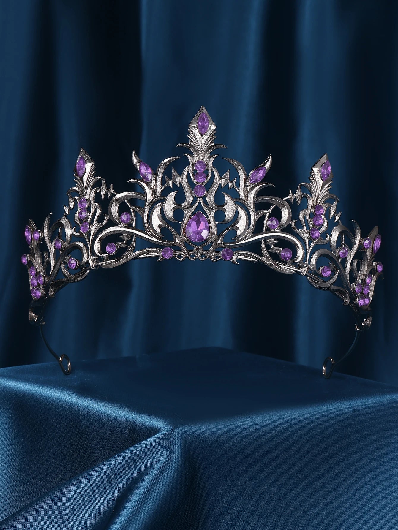 Gothique Noir Métal Bleu Cristal Tiara Couronne Strass Coiffe pour Mariée Femmes Filles Mariage Anniversaire Fête Bal Spectacle Scénique Pa