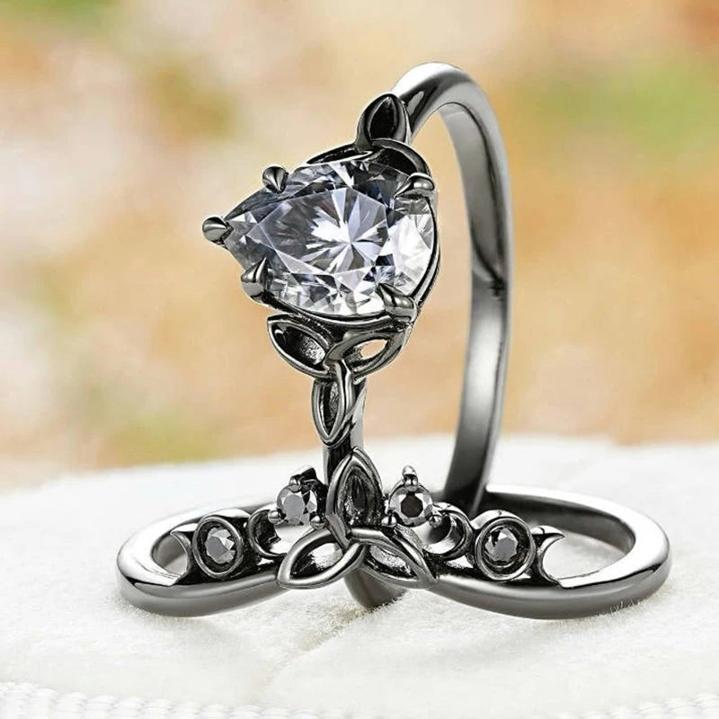 Lot de 2 bagues vintage noires empilables avec zircone cubique taille poire, bague de fiançailles style gothique punk, bijou de mariage.