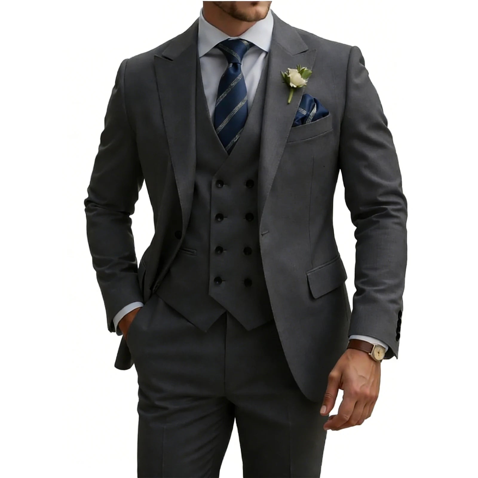 Costume 3 Pièces Slim Fit Homme Double Boutonnage Mariage Bal de Promo Costumes Formels Affaires Dîner Smoking