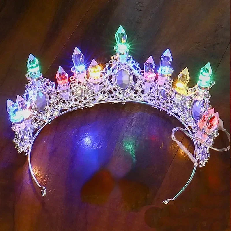 Accessoires de Cheveux de Mariée Lumineux Alliage Cristal Fête LED Lumineux Couronne Strass Diadème Fleur Reine Mariage Festival