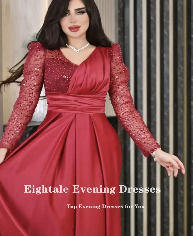 Eightale Robe de Soirée de Luxe Col en V Rose Poudré Personnalisée Manches Longues Pailletées Robe de Bal Arabe Robe de Soirée Mariage Vestidos De Gala