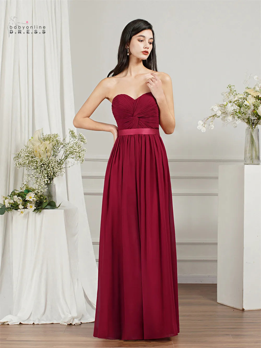 BABYONLINE Robes de demoiselle d'honneur pour fête de mariage élégantes bordeaux plissées en mousseline de soie coupe trapèze longues robes de soirée formelles de bal
