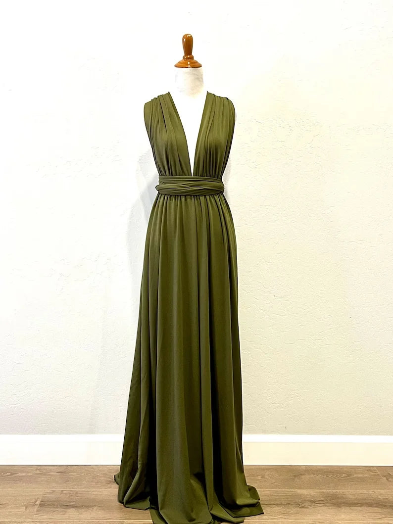 Robe de demoiselle d'honneur, robe longue vert olive de demoiselle d'honneur, robe convertible pour cortège nuptial, robe infinie multivoies, robe sur mesure