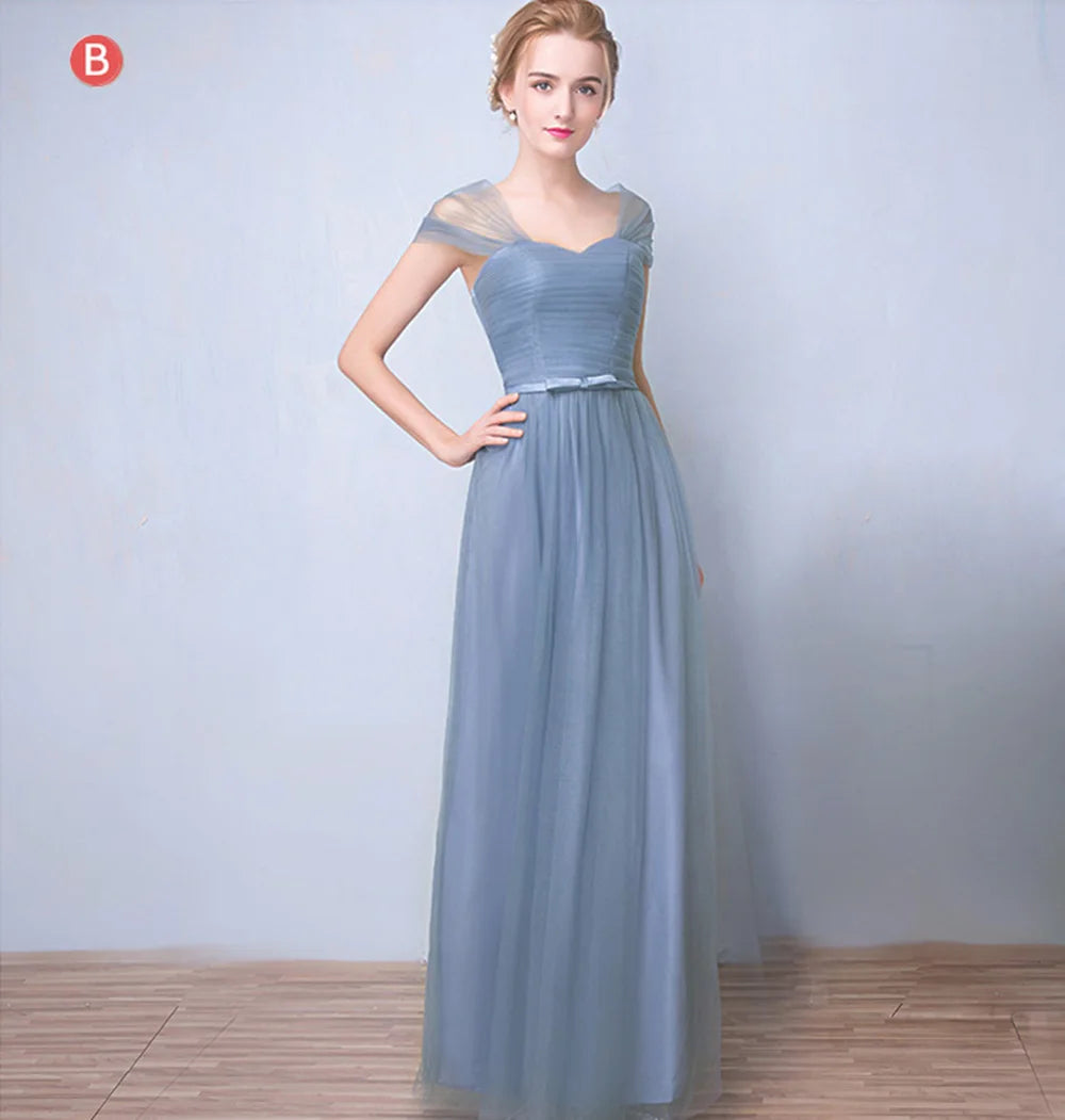 Élégante Robe de Demoiselle d'honneur Gris Bleu Simple 4 styles sans Manches Femme Classique Tulle Ceinture Satin Lacets Nœud Robe de Bal Ligne A