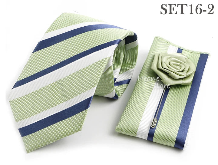 Men's Striped Necktie, Pocket Square & Brooch Set | Groom & Groomsmen Wedding Accessory