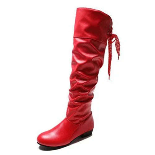 Chaussures Femme 2022 Printemps Bottes Hautes au Genou Rouge Noir Blanc Bottes Hautes Femme Plissées Talon Bas Décontracté Cuir Chaussures Longues Femme