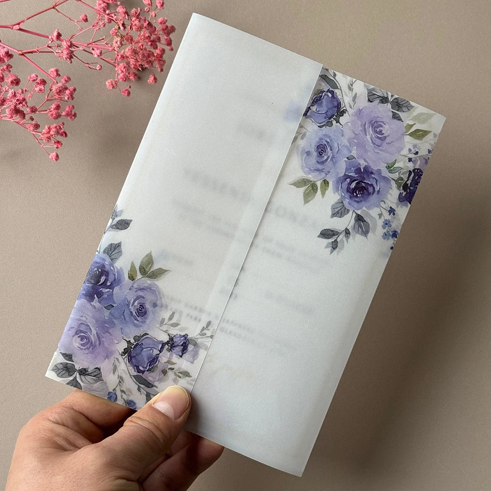 20pcs Watercolor flower Vellum  Wrap suitable for a 5 x 7 Wedding Invitation,vellum jacket,custom invitation