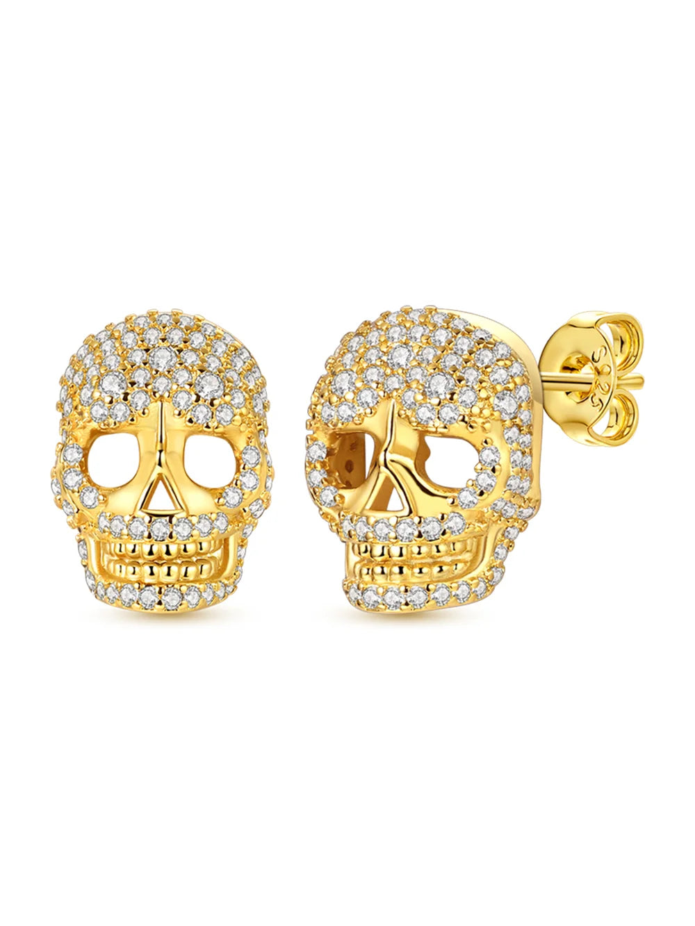 Boucles d'oreilles clous Tête de mort en or et zircon — Argent sterling 925