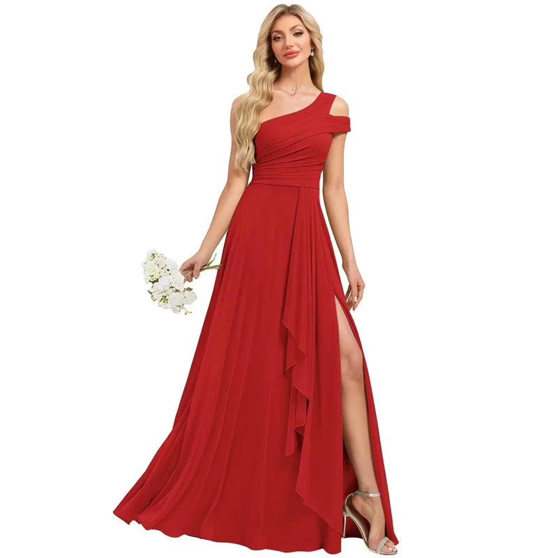 Robe de Demoiselle d'honneur en Mousseline Coupe Droite, Épaule Dénudée, Fendue, Plissée, Élégante pour Mariage, Soirée ou Bal, Dos Lacé
