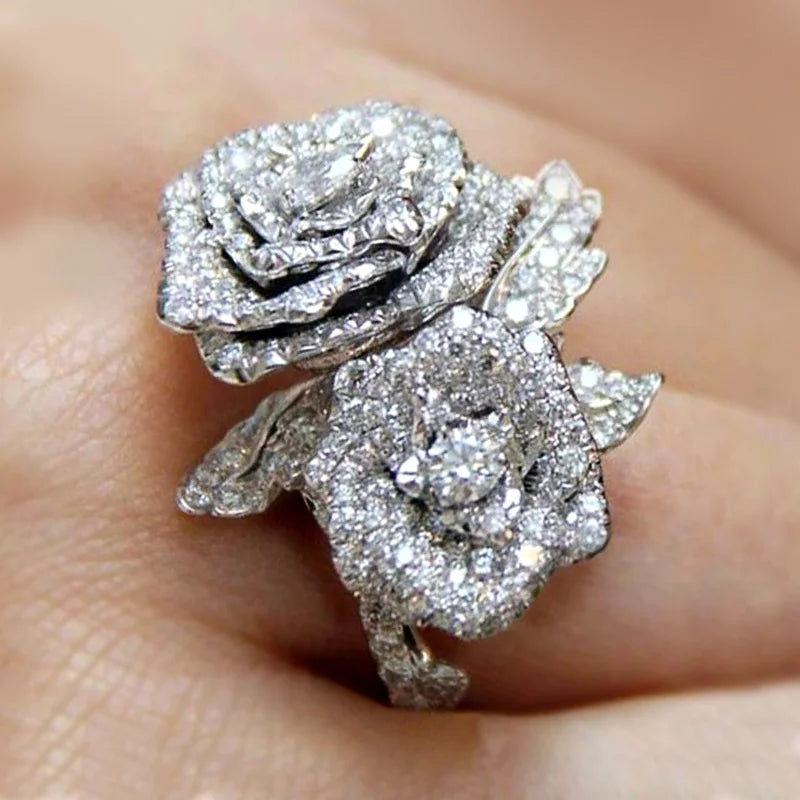 Bague Fleur Rose Zircon Brillant — Élégante Alliance de Mariage