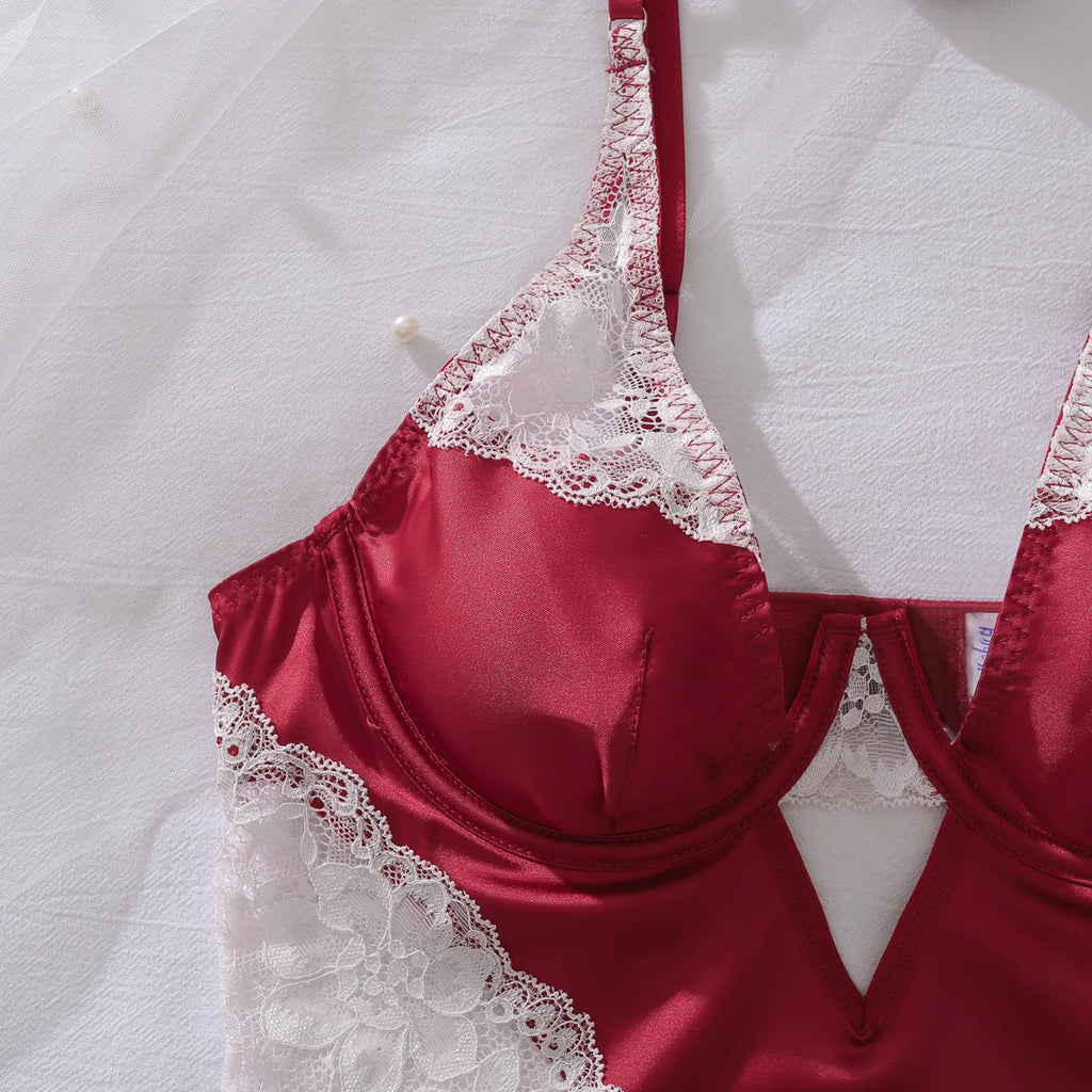 Ellolace Robe en satin sexy à col en V profond Lingerie sexy en dentelle patchwork fendue Robe de nuit sissy Robe nuisette en soie pour femmes